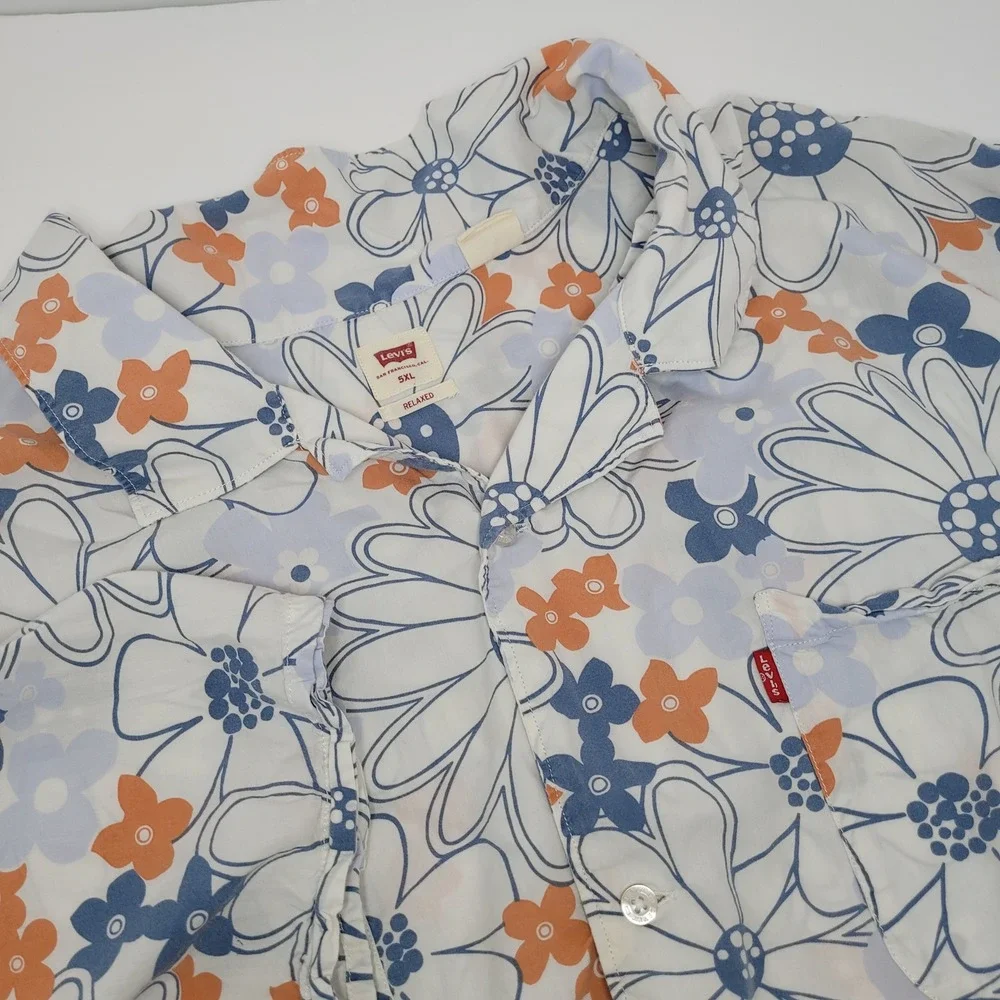 Levis Floral Button Down Shirt Mens 5XL White Blue Relaxed Fit Short Sleeve EXCL